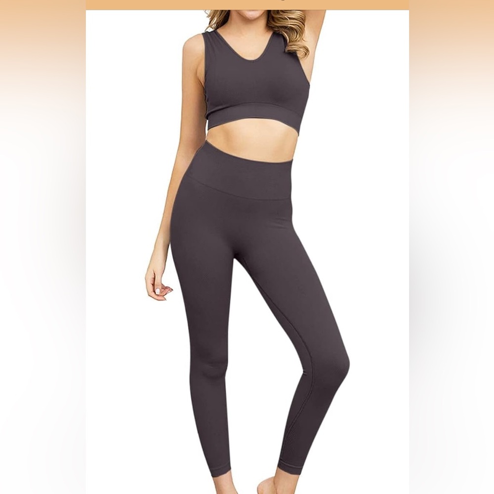 Seamless Ribbed Leggings Sports Bra Workout Set Small Charcoal Gray Activewear